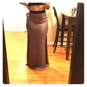 Bebe! Metallic shine double-split maxi skirt!